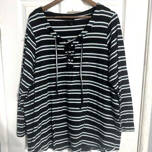 Torrid black white and green striped rubbed shirt with criss cross tie in front